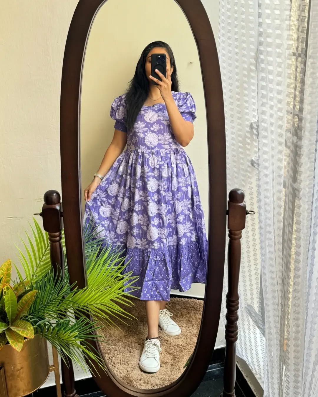 Purple Printed Cotton Midi Gown Dress